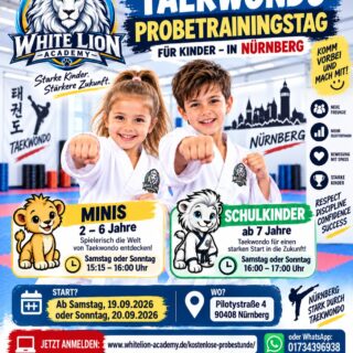 🥋 Kostenloses Taekwondo-Probetraining in Nürnberg!
Dein Kind möchte Taekwondo kennenlernen? Bei uns stehen Bewegung, Selbstvertrauen, Respekt und natürlich jede Menge Spaß im Mittelpunkt. 💪😊
👦👧 Minis | 2–6 Jahre
🕒 Sa. & So. | 15:15–16:00 Uhr
🥋 Schulkinder | ab 7 Jahre
🕓 Sa. & So. | 16:00–17:00 Uhr
📅 Start ab 19.09.2026
📍 Pilotystraße 4, 90408 Nürnberg
Kostenloses Probetraining – Plätze begrenzt!
🌐 Anmeldung über unsere Webseite
https://whitelion-academy.de/kostenlose-probestunde/
📱 WhatsApp: 01734396938
#Taekwondo #Nürnberg #KinderTaekwondo #Probetraining #WhiteLionAcademy #KinderSport #Selbstvertrauen #KampfsportFürKinder